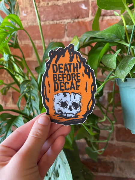 Fire Head Death Before Decaf Sticker